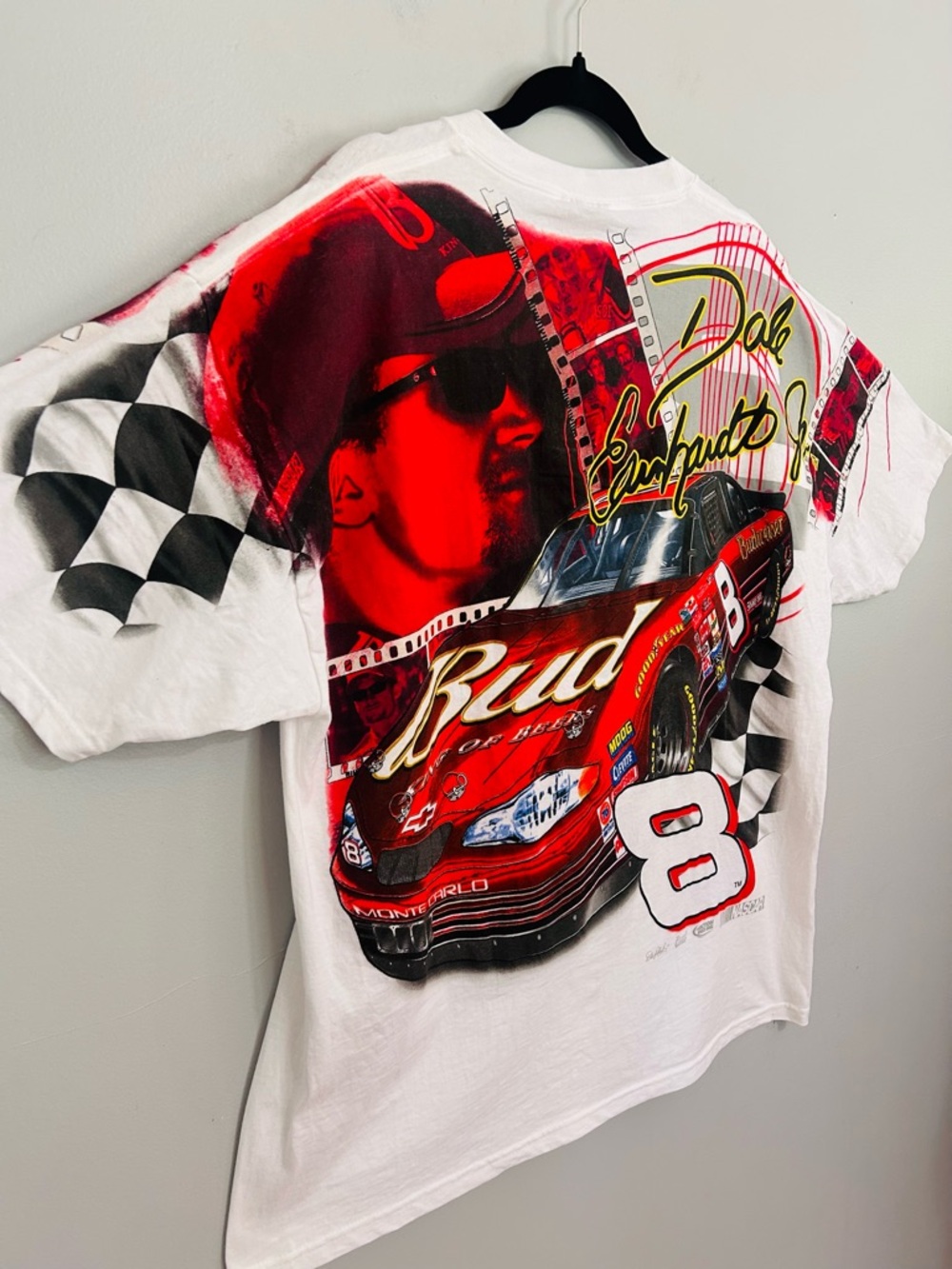 Vintage Dale Earnhardt Jr Budweiser NASCAR Tee L Y2K Racing Graphic AOP Style - Picture 7 of 8